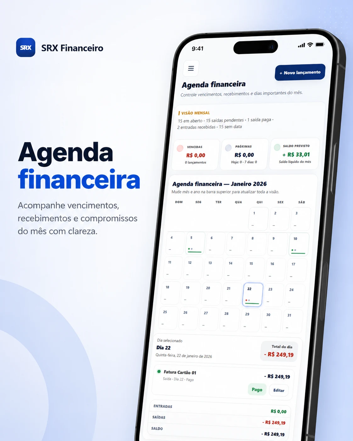 Exemplo visual da agenda financeira mensal do SRX Financeiro