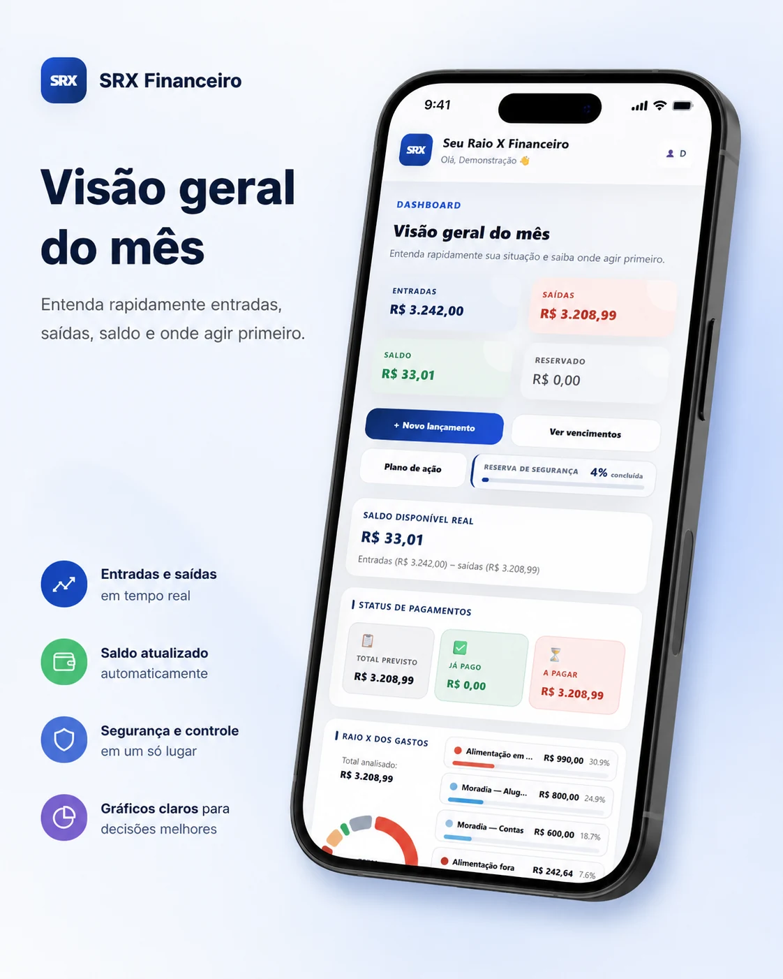 Tela de visão geral do mês do app Seu Raio X Financeiro em uma apresentação mobile
